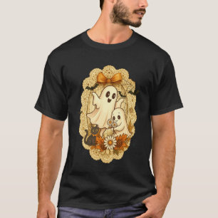 Camiseta Gato Fantasma Retro Floral Negro Coquette Murciéla