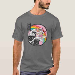 Camiseta Gato feliz comiendo Ramen Arcoiris Kanagawa Wave V