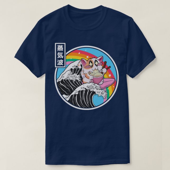 Camiseta Gato feliz comiendo Ramen Arcoiris Kanagawa Wave V (Diseño del anverso)