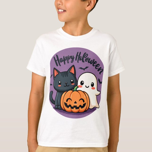 Camiseta Gato feliz de Halloween, fantasma y calabaza (Anverso)