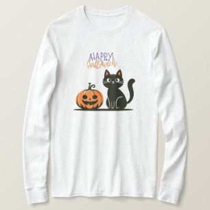 Camiseta Gato feliz de Halloween y calabaza