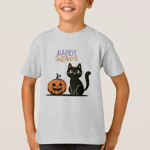 Camiseta Gato feliz de Halloween y calabaza