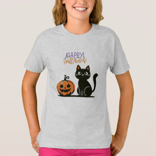 Camiseta Gato feliz de Halloween y calabaza
