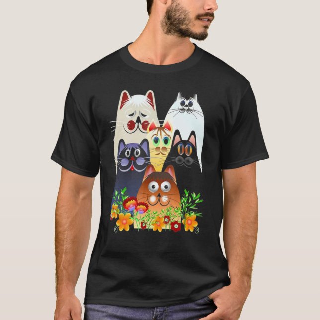 Camiseta Gato Feliz Flores Coloridas (Anverso)