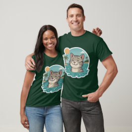 Camiseta Gato Feliz Nadando – Pegatina de Verano Oceánico