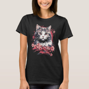 Camiseta Gato Flor de Cerezo Arte Japonés Diseño Amante Gat