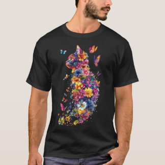 Camiseta Gato floral colorido: arte de mariposa acuarela