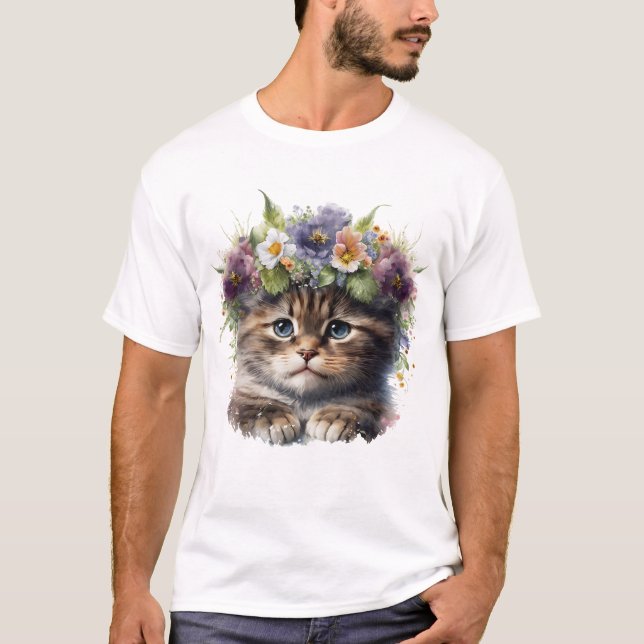 Camiseta Gato floral cutáneo acuarela (Anverso)