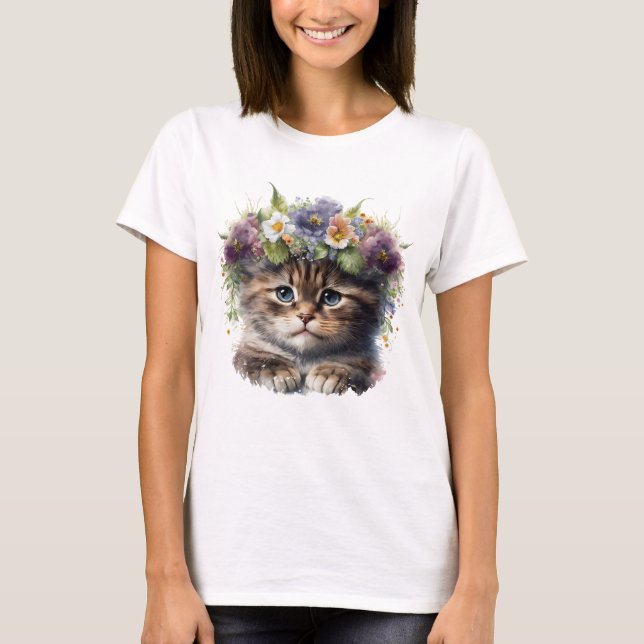 Camiseta Gato floral cutáneo acuarela (Anverso)