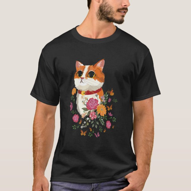 Camiseta Gato Flores Mariposas Gato (Anverso)