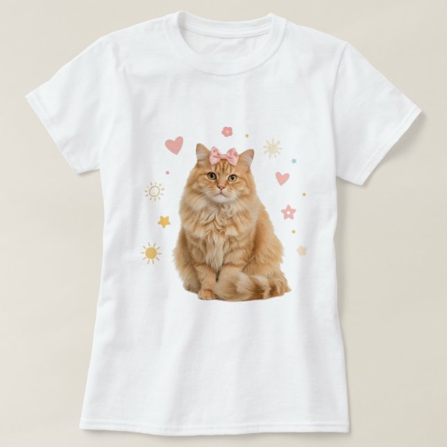 Camiseta Gato Fluffy Ginger con arco rosado (Diseño del anverso)