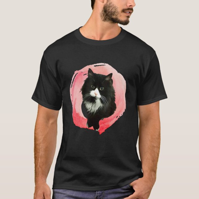 Camiseta Gato Fluffy Tuxedo En Fluctuación Rosa (Anverso)