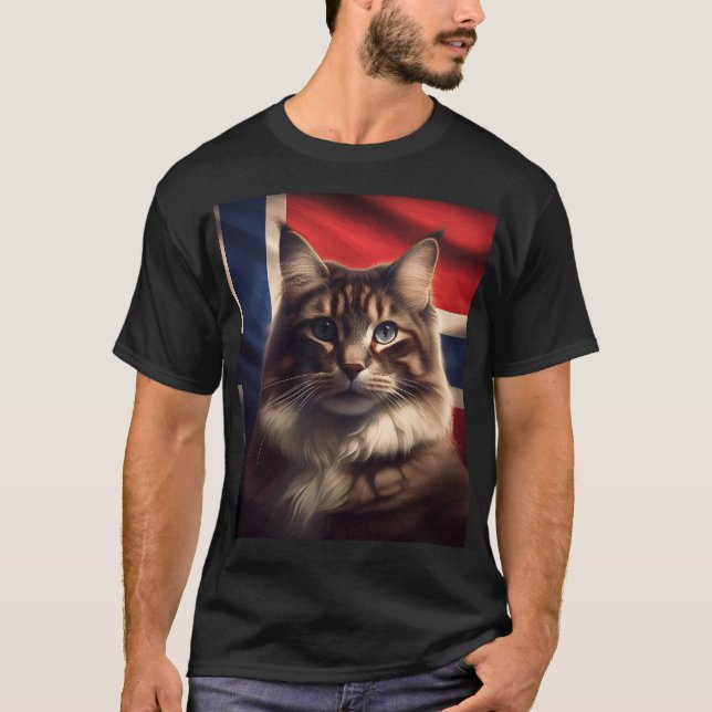 Camiseta Gato Forestal Noruego Frente A La Bandera Noruega (Anverso)