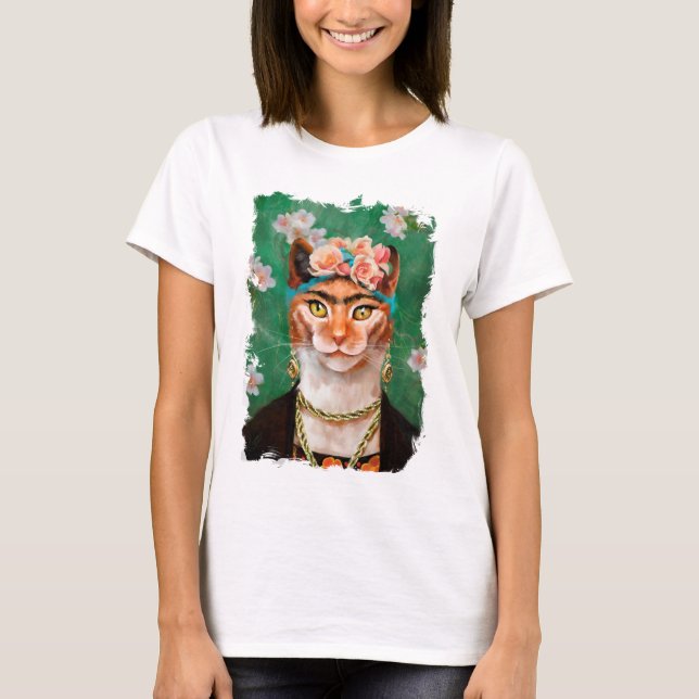 Camiseta gato Frida con las flores (Anverso)