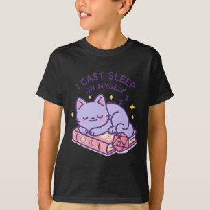 Camiseta Gato friki jugador de Rpg durmiendo dados D20 para