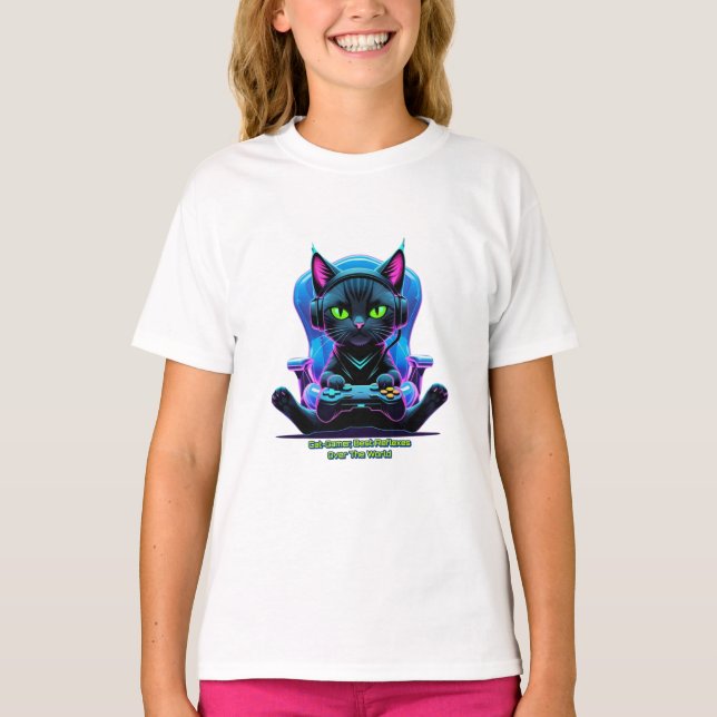 Camiseta Gato gamer futurista con joystick y actitud felina (Anverso)