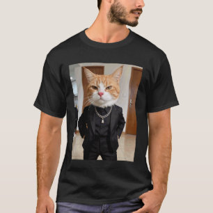 Camiseta Gato gánster traje negro cadena jefe actitud naran