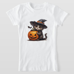 Camiseta Gato gatito adorable con sombrero de bruja y calab