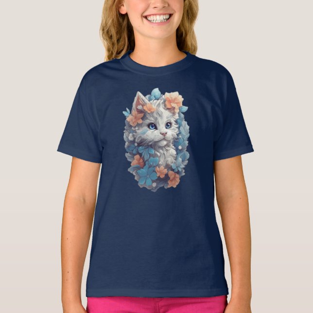 Camiseta Gato gatito gatito blanco floral (Anverso)