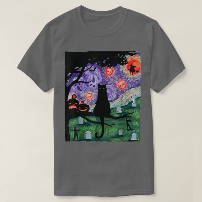 Camiseta Gato, gato nocturno asustado, Van Gogh, Halloween (Diseño del anverso)