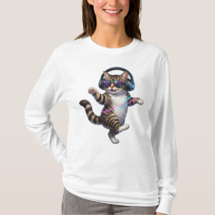 Camiseta Gato genial bailando con auriculares y gafas de so