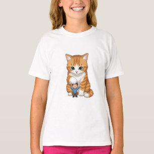Camiseta Gato Gigante de Jengibre Abrazando a Pequeños Niño