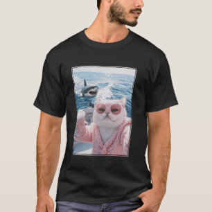 Camiseta Gato gordo en un barco yate con tiburón divertido