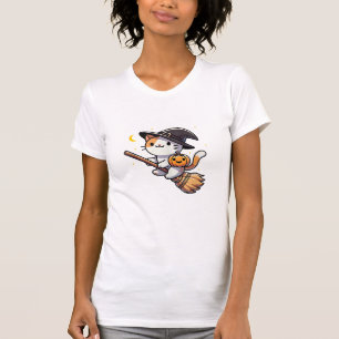 Camiseta Gato Gracioso Bruja Halloween Costume Broom Stick 