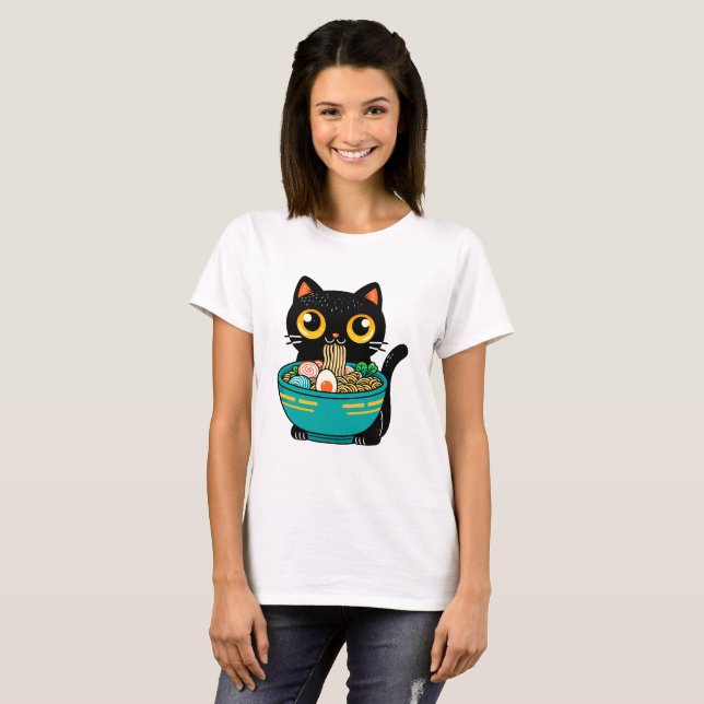 Camiseta Gato gracioso comiendo carne de gato japonés Ramen (Anverso completo)