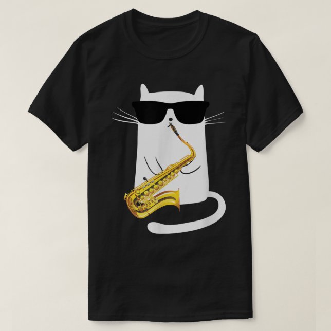 Camiseta Gato gracioso con gafas de sol jugando saxofón (Diseño del anverso)