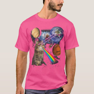 Camiseta Gato Gracioso Con Láser Y Arcoiris En Espacio Gala