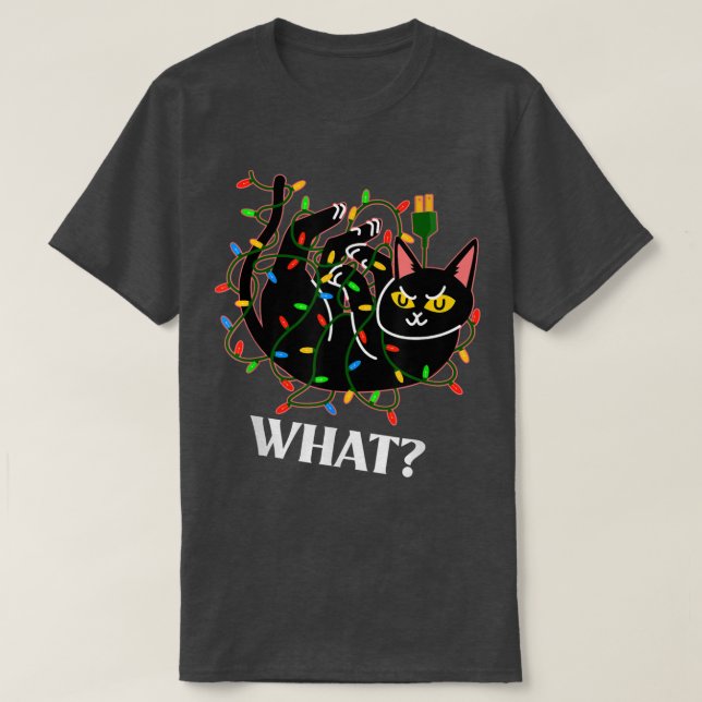 Camiseta Gato gracioso enredado en luces de árbol de Navida (Diseño del anverso)