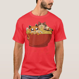 Camiseta Gato gracioso Kawaii Gato Ramen Anime Negro Japoné
