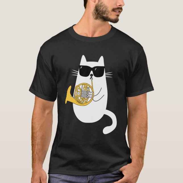 Camiseta Gato gracioso usando gafas de sol jugando al cuern (Anverso)