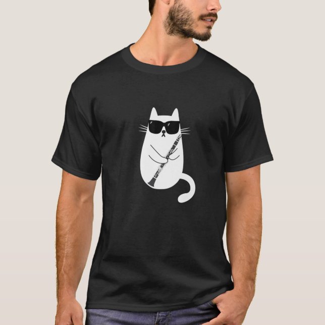 Camiseta Gato gracioso usando gafas de sol jugando Clarinet (Anverso)