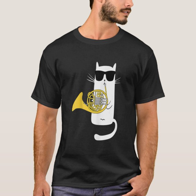 Camiseta Gato gracioso usando gafas de sol jugando cuerno f (Anverso)