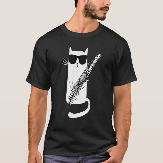 Camiseta Gato gracioso usando gafas de sol jugando flauta m (Anverso)