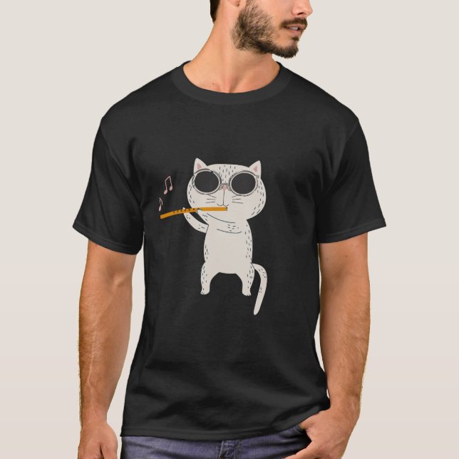 Camiseta Gato Gracioso Usando Gafas De Sol Y Jugando Flauta (Anverso)