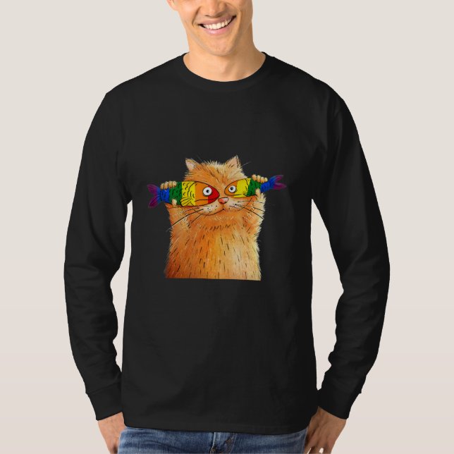 Camiseta Gato Grasa Capturando Pescado Pescador Ojos Mascot (Anverso)