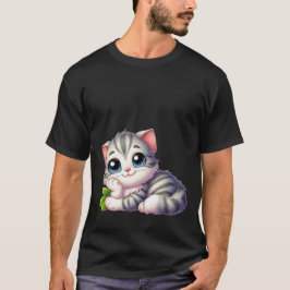 Camiseta Gato gris adorable kawaii soñador con ojos azules 
