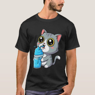 Camiseta Gato Gris Atigrado Adorable Bebiendo Bebida Azul G