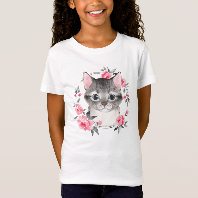 Camiseta Gato gris con flores. Acuarela (Anverso)