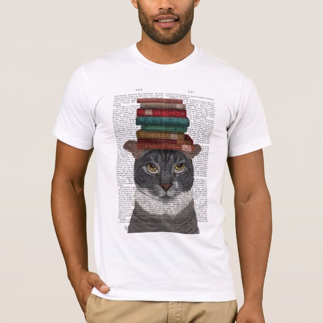 Camiseta Gato gris con libros en la cabeza (Anverso)