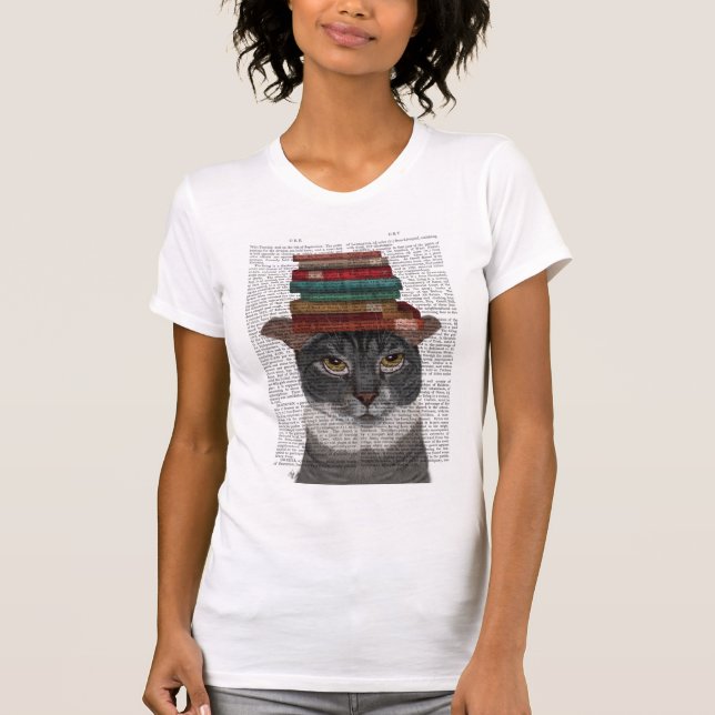 Camiseta Gato gris con libros en la cabeza (Anverso)