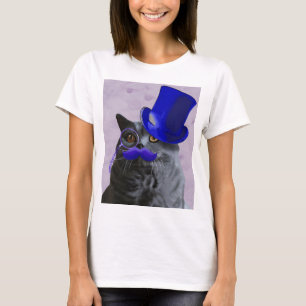 Camiseta Gato gris con sombrero azul superior y bigote