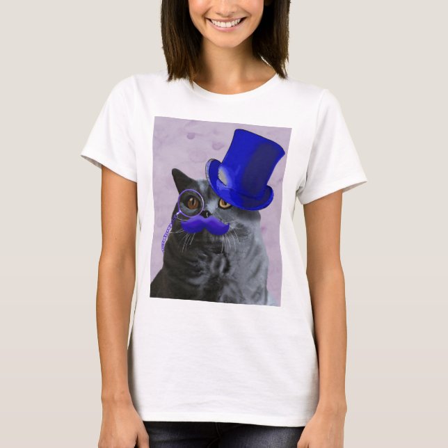 Camiseta Gato gris con sombrero azul superior y bigote (Anverso)