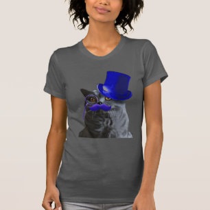Camiseta Gato gris con sombrero azul superior y bigote azul