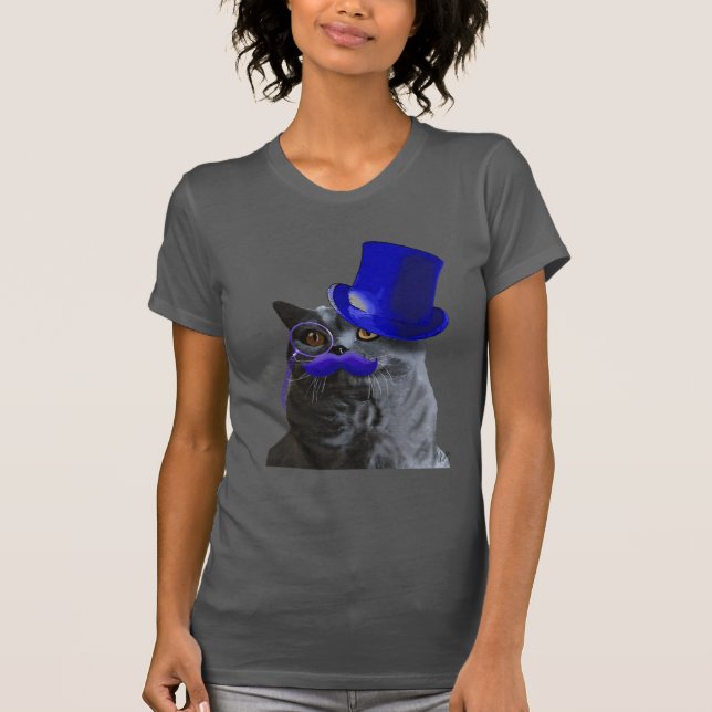 Camiseta Gato gris con sombrero azul superior y bigote azul (Anverso)