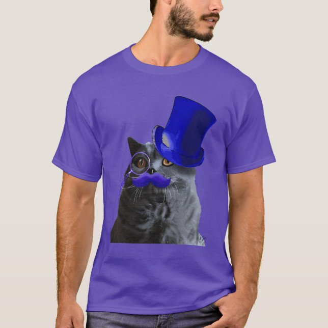 Camiseta Gato gris con sombrero azul superior y bigote azul (Anverso)
