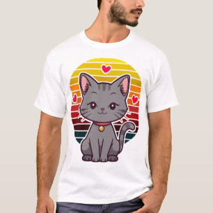 Camiseta Gato Gris Kawaii Arte Retro Anime Atardecer